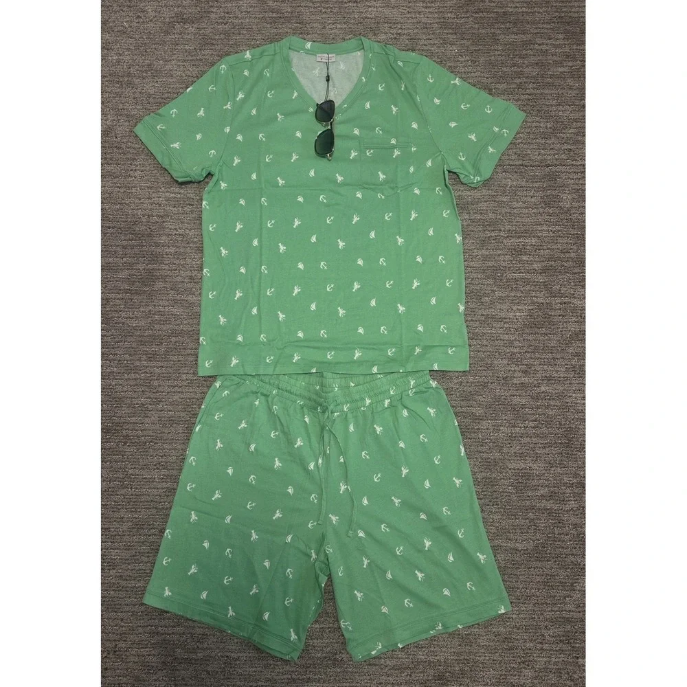 Cosabella Mens Road Trip Lounge Set Green Nautical Anchor Lobster Print Large